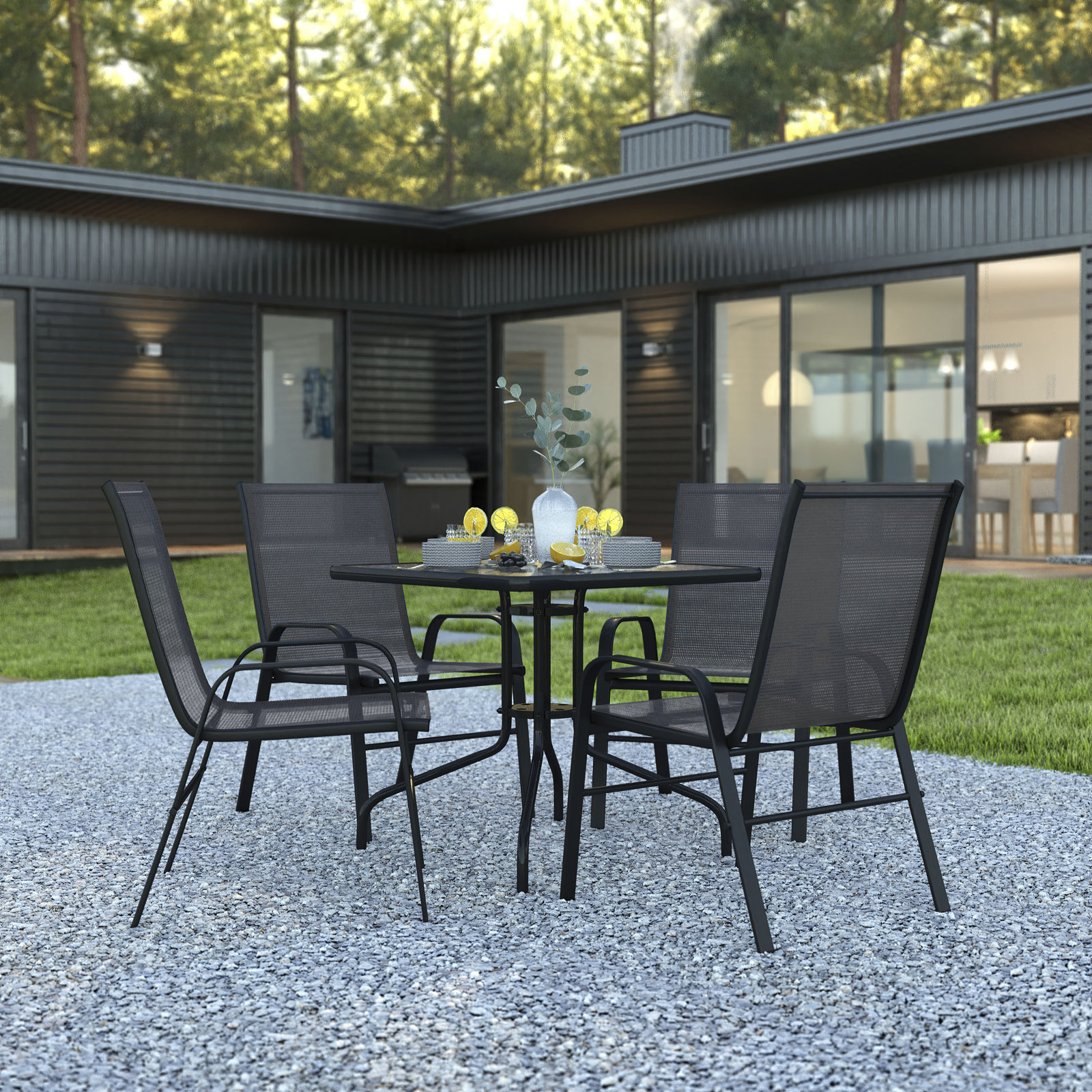 Sol 72 Outdoor? Elgin 5 Piece Patio Dining Set - Glass Table, 4 Flex Stack Chairs & Reviews